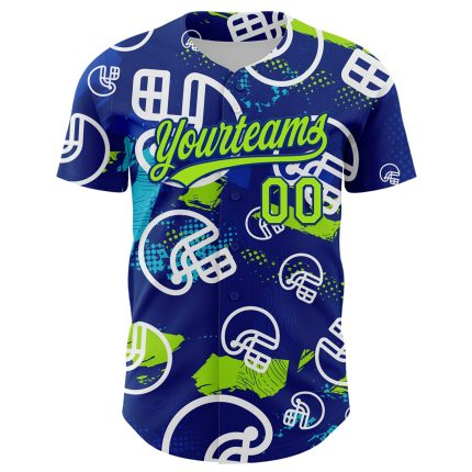 Custom Name and Number Baseball Jersey - Personalized Neon Green-White 3D Pattern Design Football Helmet Personalized Royal