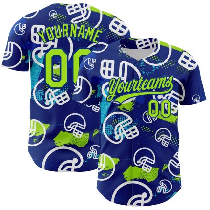 Custom Name and Number Baseball Jersey - Personalized Neon Green-White 3D Pattern Design Football Helmet Personalized Royal
