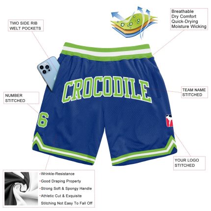 Personalized Custom Name and Number Authentic Throwback Basketball Shorts in Royal Neon Green-White Personalized Royal Neon