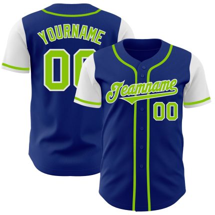 Custom Two Tone Baseball Jersey - Personalized Royal Neon Green-White with Team Name and Number Personalized Royal Neon Green-White