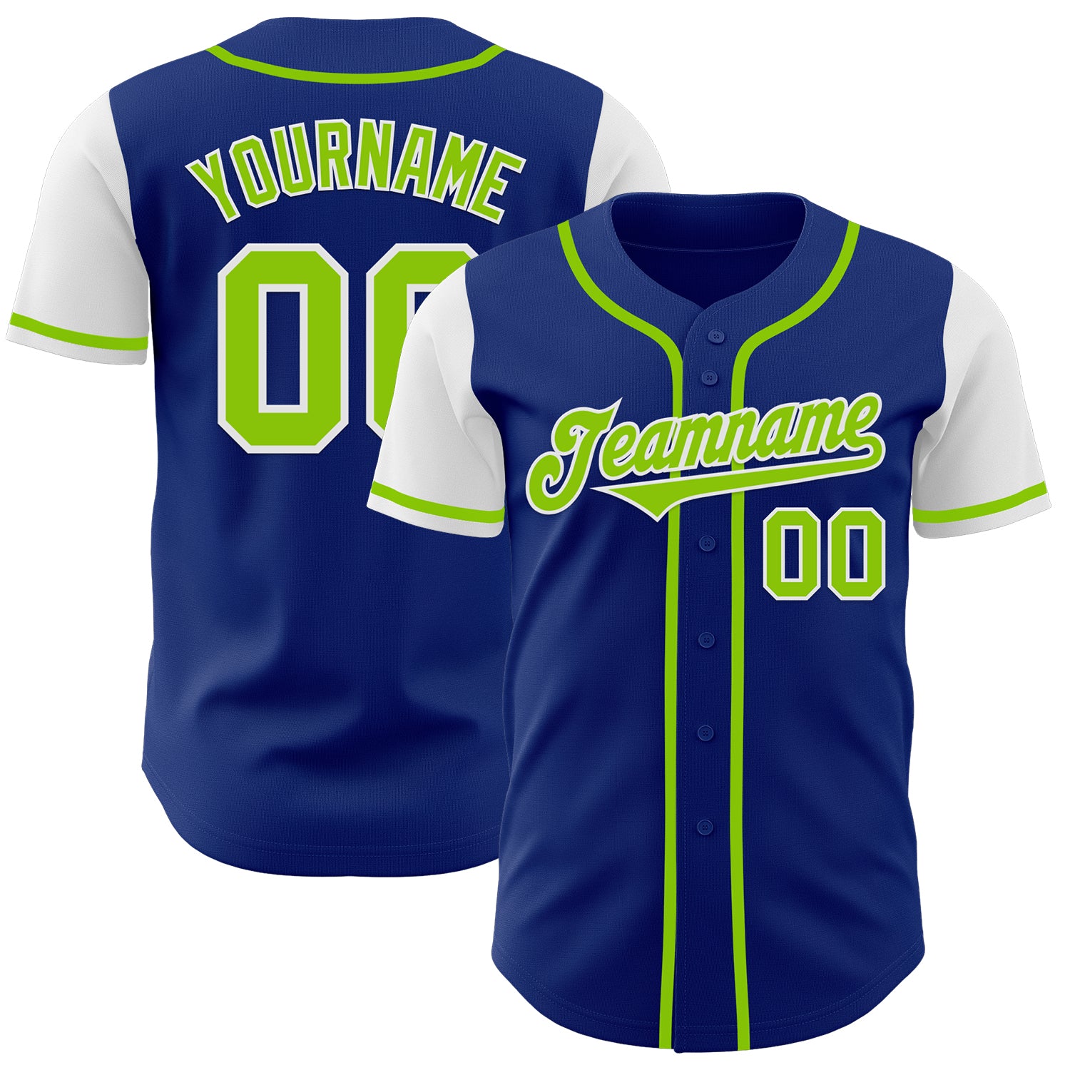 Custom Two Tone Baseball Jersey - Personalized Royal Neon Green-White with Team Name and Number Personalized Royal Neon Green-White