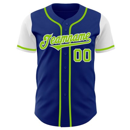 Custom Two Tone Baseball Jersey - Personalized Royal Neon Green-White with Team Name and Number Personalized Royal Neon Green-White