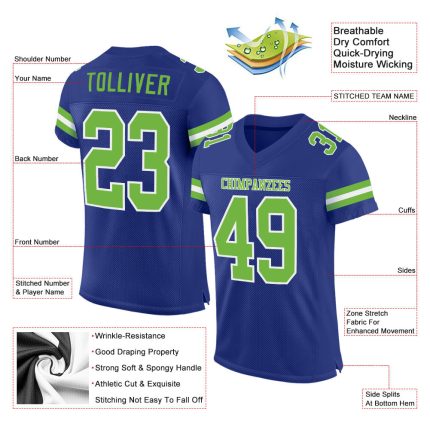 Custom Neon Green and White Football Jersey - Personalized Team Name and Number, Authentic Mesh Design Personalized Royal