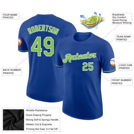 Custom Team Performance T-Shirt with Neon Green and White Colors, Personalized Name and Number Personalized Royal Neon Green-White