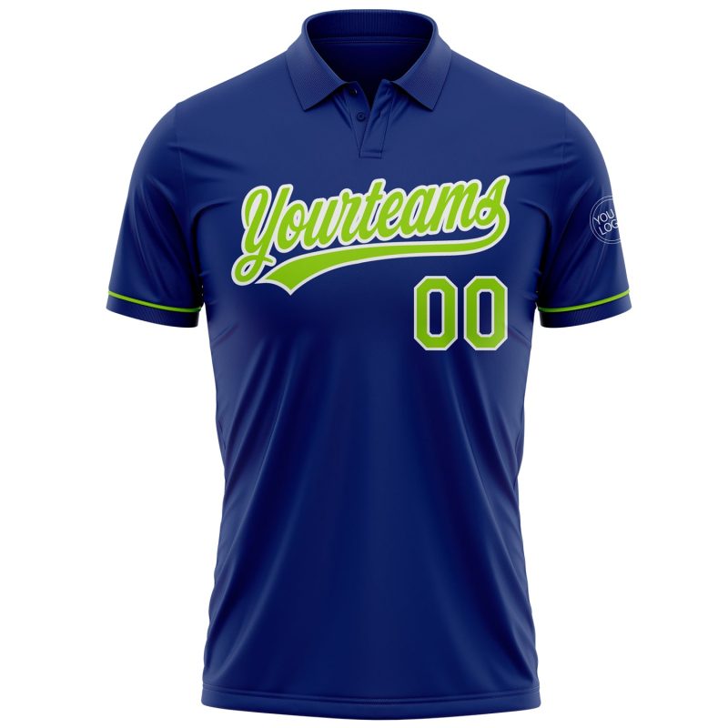 Custom Neon Green-White Golf Polo Shirt with Personalized Name and Number - Performance Vapor Team Apparel Personalized Royal