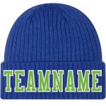 Custom Team Name Number Cuffed Knit Hat - Personalized Neon Green-White Stitched Beanie Personalized Royal Neon Green-White