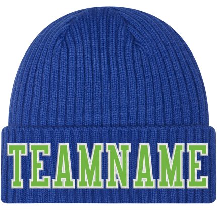 Custom Team Name Number Cuffed Knit Hat - Personalized Neon Green-White Stitched Beanie Personalized Royal Neon Green-White