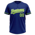 Custom Name Number Unisex Softball Jersey - Personalized Royal Neon Green-White Two-Button Design Personalized Royal Neon