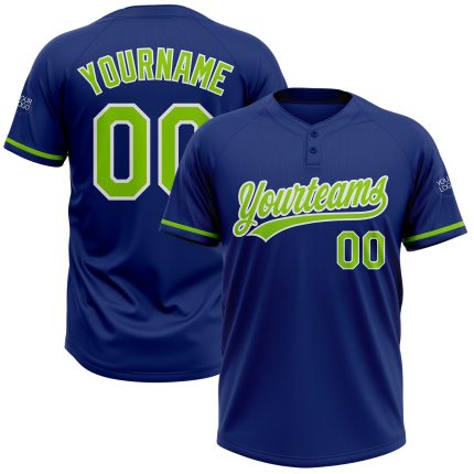 Custom Name Number Unisex Softball Jersey - Personalized Royal Neon Green-White Two-Button Design Personalized Royal Neon