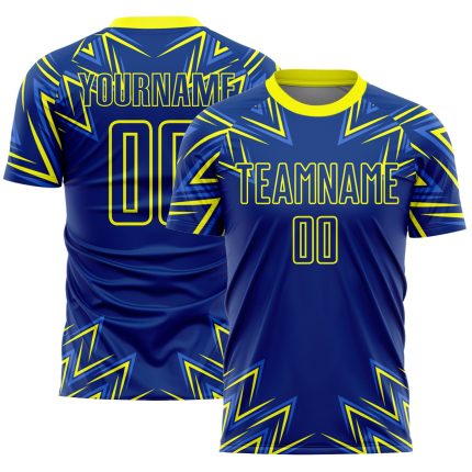 Custom Neon Yellow Geometric Shapes Soccer Jersey with Name and Number - Personalized Team Uniform Personalized Royal Neon
