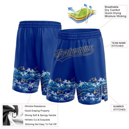 Custom Name Number Basketball Shorts 3D Pattern Fish Sea Royal Old Gold Personalized Design Personalized Royal Old Gold 3D