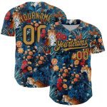 Custom Name & Number Baseball Jersey - Personalized Royal Gold Black 3D Big Flower Leopard Design, Northeast China Team Apparel