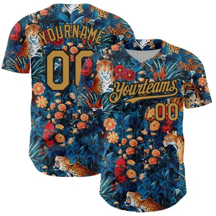 Custom Name & Number Baseball Jersey - Personalized Royal Gold Black 3D Big Flower Leopard Design, Northeast China Team Apparel