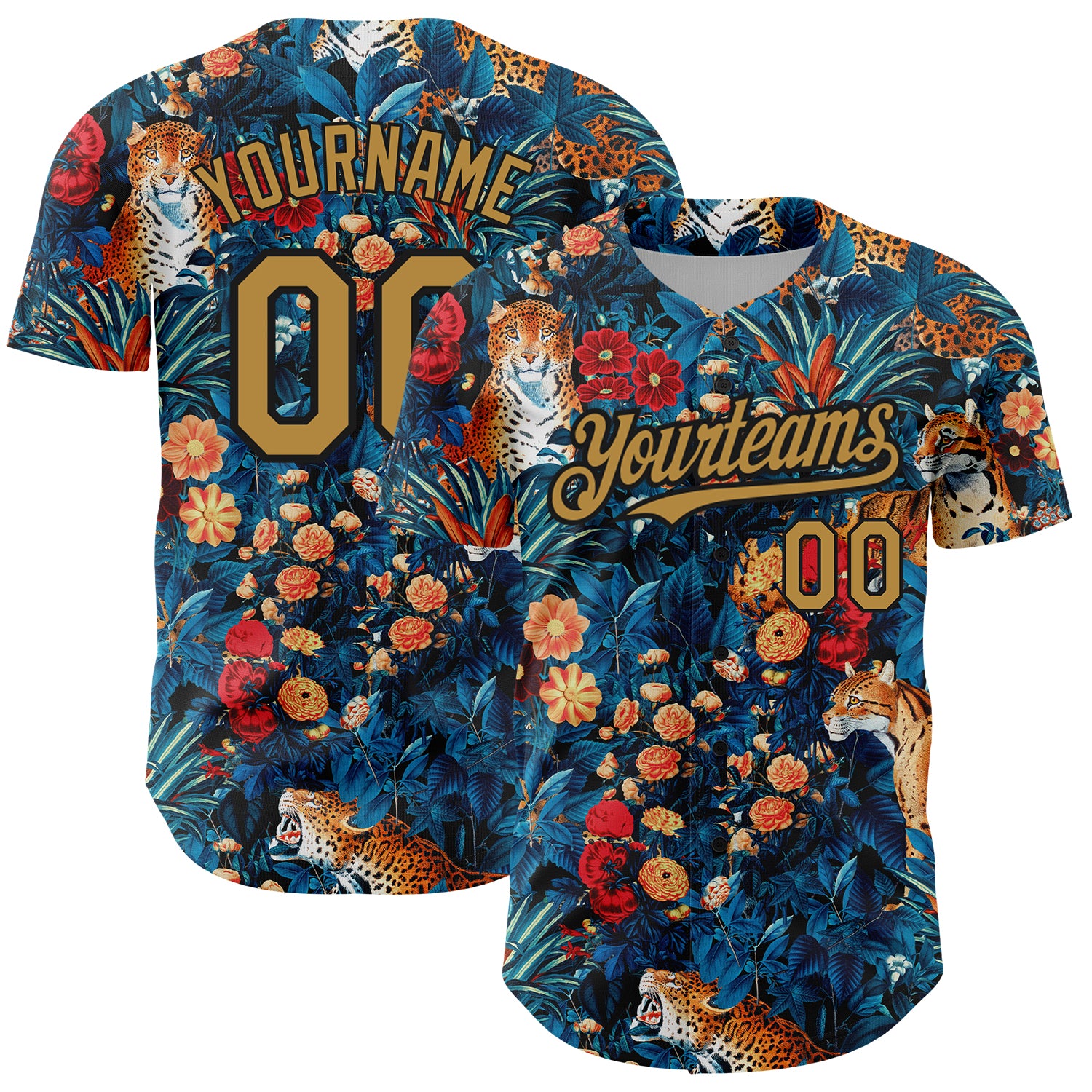 Custom Name & Number Baseball Jersey - Personalized Royal Gold Black 3D Big Flower Leopard Design, Northeast China Team Apparel