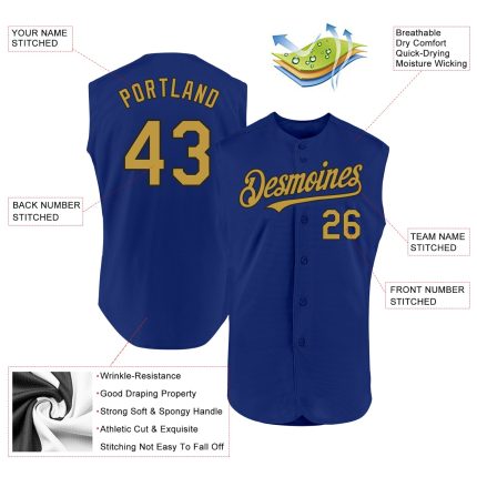 Custom Name and Number Personalized Sleeveless Baseball Jersey in Royal Old Gold-Black Authentic Design Personalized Royal