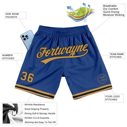 Custom Name Number Authentic Basketball Shorts - Personalized Royal Old Gold Black Throwback Style Personalized Royal Old