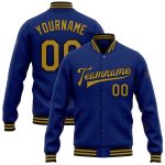 Custom Name and Number Royal Old Gold-Black Varsity Letterman Bomber Jacket for Team Personalized Royal Old Gold-Black Bomber