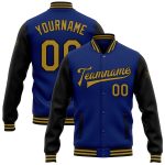 Custom Name Number Varsity Letterman Jacket Two Tone Old Gold Black Bomber Full-Snap for Team Personalization Personalized