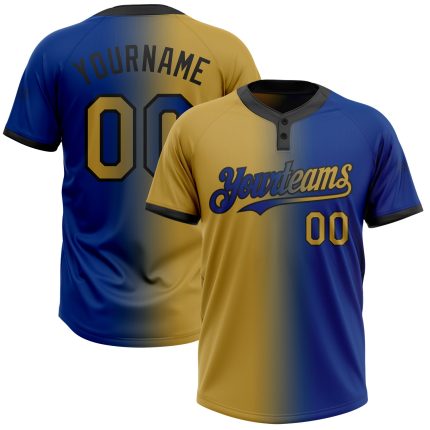 Custom Name and Number Unisex Softball Jersey - Royal Old Gold and Black Gradient Fashion Two-Button Design Personalized
