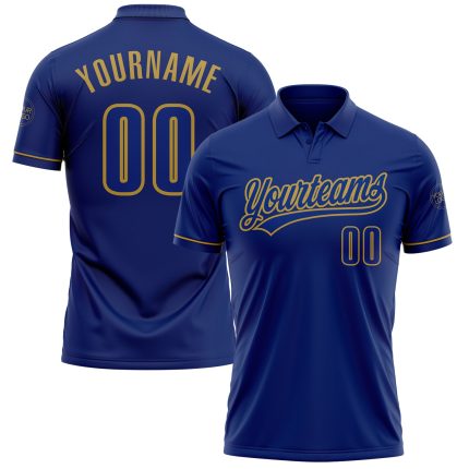 Custom Personalized Royal Old Gold Golf Polo Shirt with Team Name and Number - Performance Vapor Design Personalized Royal