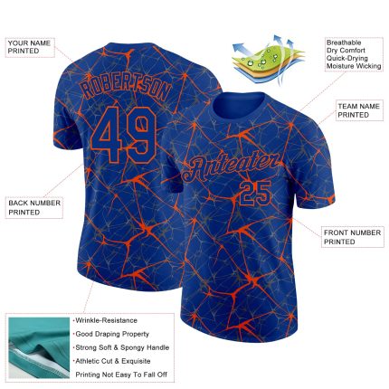 Custom Name and Number Performance T-Shirt - Personalized Royal Orange 3D Pattern Design Abstract Network Personalized Royal