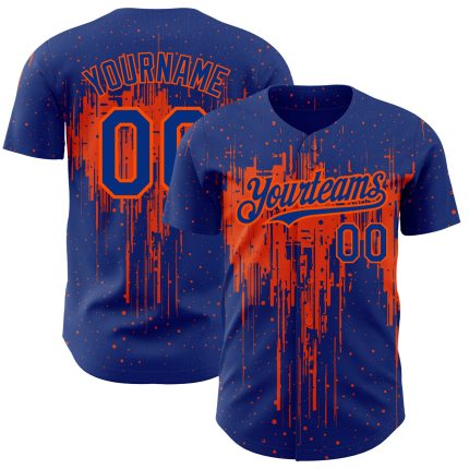 Custom Name and Number Baseball Jersey - Personalized Royal Orange 3D Dripping Splatter Art Design Personalized Royal Orange