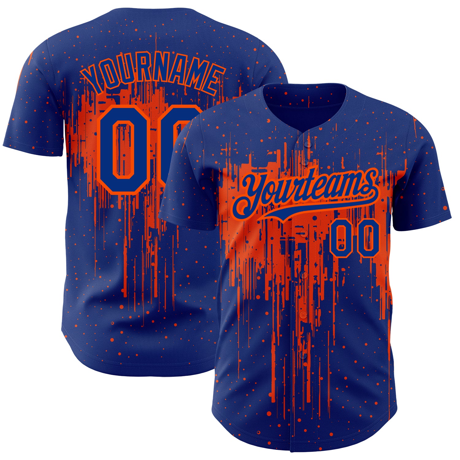 Custom Name and Number Baseball Jersey - Personalized Royal Orange 3D Dripping Splatter Art Design Personalized Royal Orange