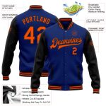 Personalized Royal Orange Black Varsity Letterman Bomber Jacket Two Tone Full-Snap Personalized Royal Orange-Black Bomber