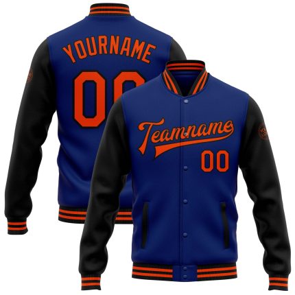 Personalized Royal Orange Black Varsity Letterman Bomber Jacket Two Tone Full-Snap Personalized Royal Orange-Black Bomber
