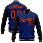 Custom Name and Number Bomber Jacket in Royal Orange-Black Two Tone Full-Snap Varsity Letterman Style Personalized Royal