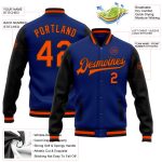 Custom Name and Number Bomber Jacket in Royal Orange-Black Two Tone Full-Snap Varsity Letterman Style Personalized Royal