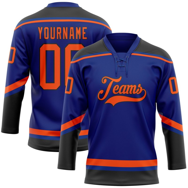 Personalized Custom Name and Number Hockey Lace Neck Jersey - Royal Orange-Black Team Jersey Personalized Royal Orange-Black