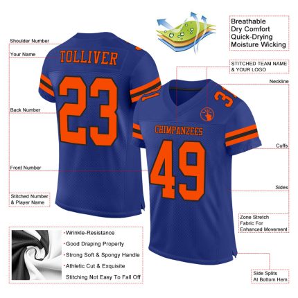Custom Name and Number Authentic Football Jersey in Royal Orange-Black Mesh - Personalized Team Gear Personalized Royal Orange-Black