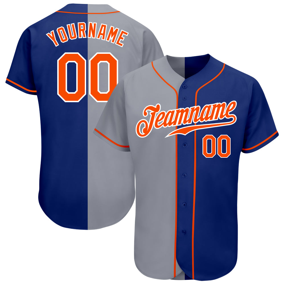 Custom Name and Number Authentic Baseball Jersey - Personalized Royal Orange Gray Split Fashion Style Personalized Royal