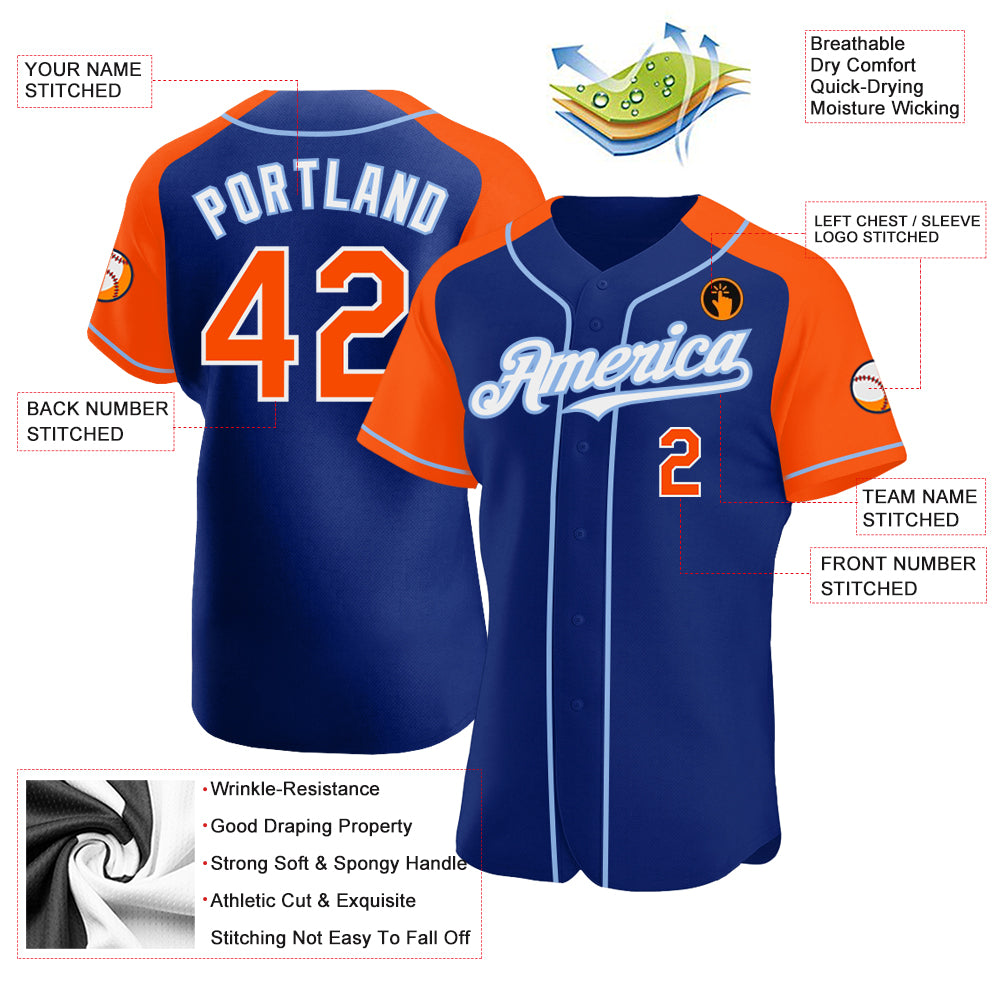 Personalized Royal Orange-Light Blue Authentic Raglan Sleeves Baseball Jersey Team Custom Name and Number Custom Name and Number Baseball Jersey for Team - Personalized Royal Orange Light Blue Authentic Raglan Sleeves Personalized - Image 3