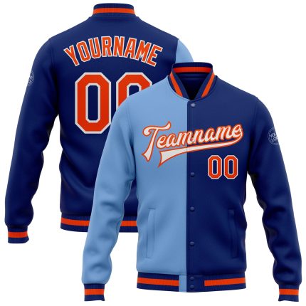 Custom Team Name and Number Varsity Jacket - Personalized Royal Orange-Light Blue Bomber Full-Snap Fashion Jacket Personalized