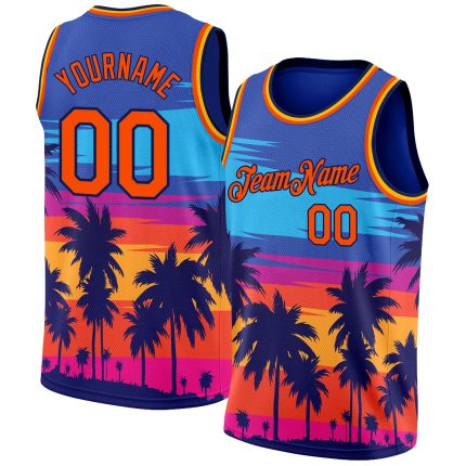 Custom Basketball Jersey with Personalized Name and Number, Authentic Hawaii Palm Trees 3D Pattern in Royal Orange-Navy Personalized