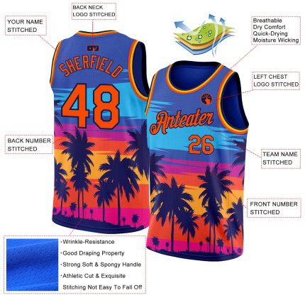 Custom Basketball Jersey with Personalized Name and Number, Authentic Hawaii Palm Trees 3D Pattern in Royal Orange-Navy Personalized