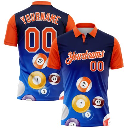 Custom Name Number Billiards Polo Shirt - Personalized Royal Orange-White 3D Pattern Performance Design Personalized Royal