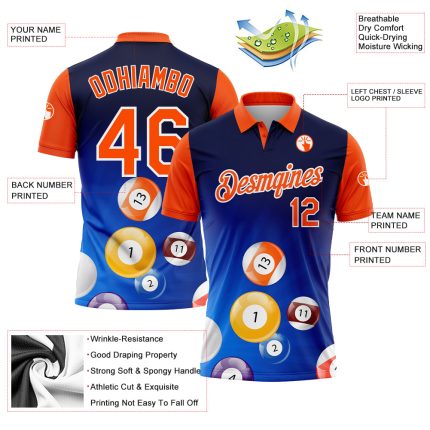 Custom Name Number Billiards Polo Shirt - Personalized Royal Orange-White 3D Pattern Performance Design Personalized Royal