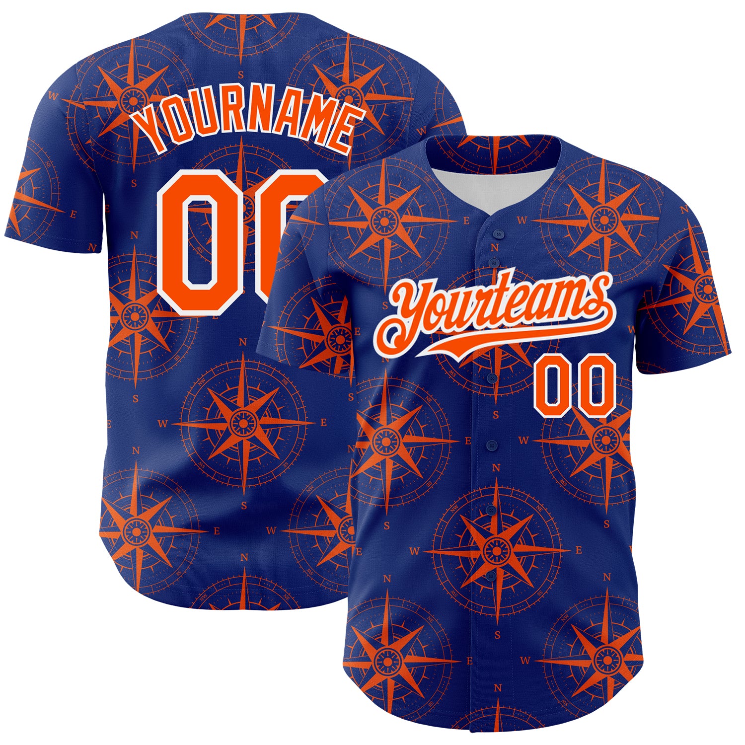 Custom Name and Number Baseball Jersey with Personalized Royal Orange-White 3D Pattern Navigation Compass Design Personalized