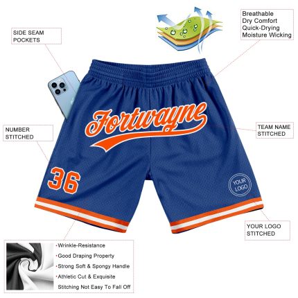 Personalized Royal Orange-White Basketball Shorts | Authentic Throwback Design Personalized Royal Orange-White Authentic