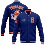 Personalized Varsity Letterman Jacket in Royal Orange and White, Full-Snap Bomber Design Personalized Royal Orange-White