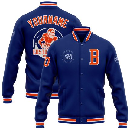 Personalized Varsity Letterman Jacket in Royal Orange and White, Full-Snap Bomber Design Personalized Royal Orange-White