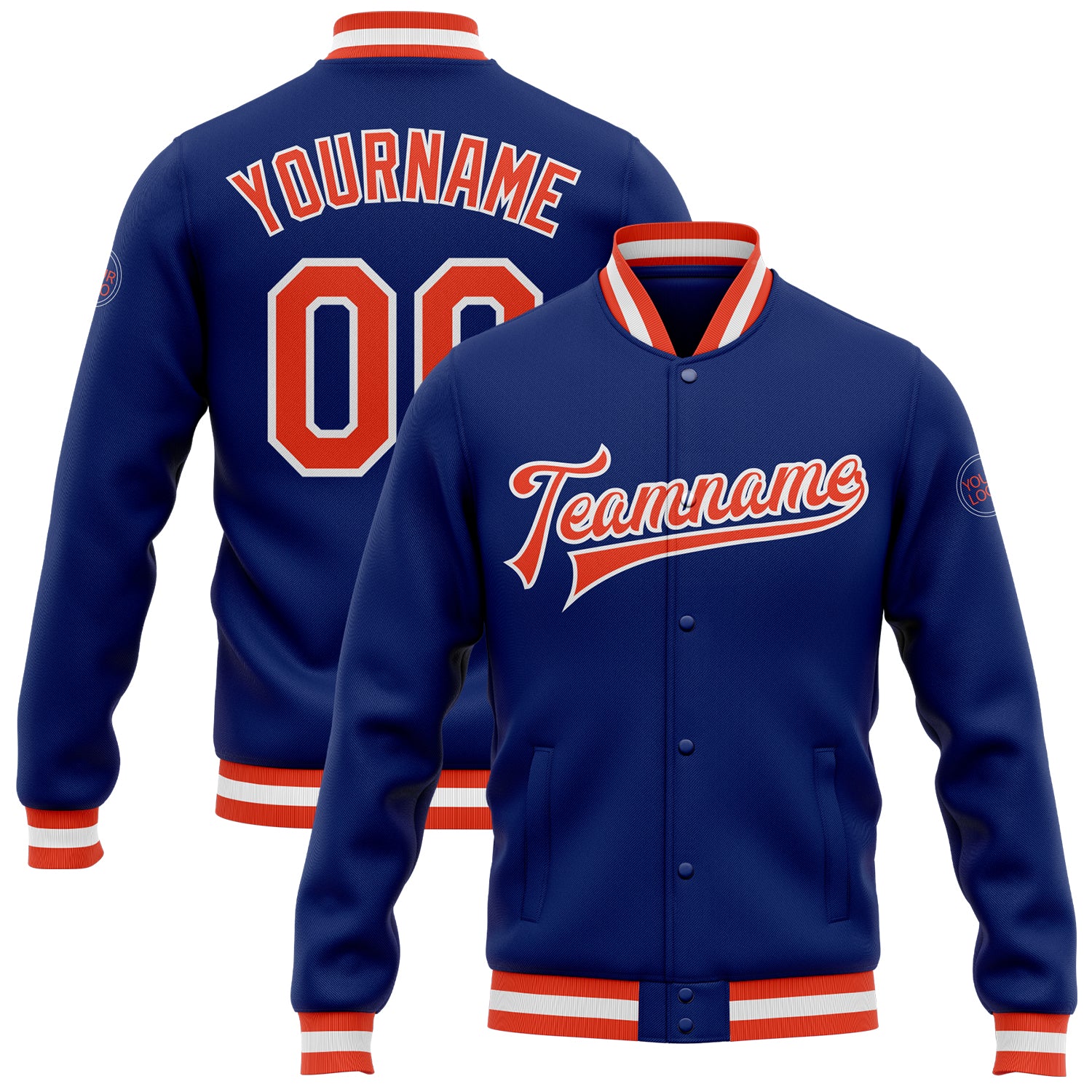 Custom Name and Number Royal Orange-White Bomber Varsity Letterman Jacket - Personalized Team Jacket Personalized Royal Orange-White