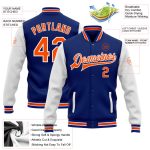 Custom Name and Number Royal Orange White Bomber Varsity Letterman Jacket - Personalized Two Tone Full-Snap Jacket Personalized