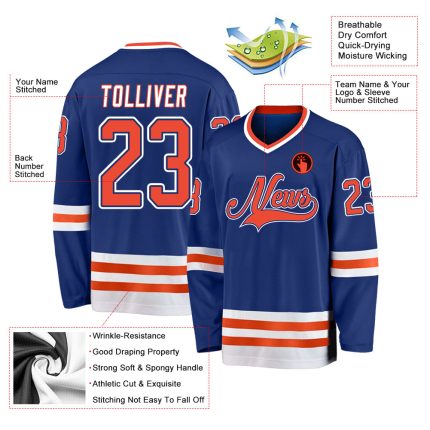 Custom Name and Number Royal Orange-White Hockey Jersey for Teams - Personalized Sports Apparel Personalized Royal Orange-White