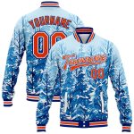 Personalized Snowy Trees Winter Landscape Bomber Jacket, Royal Orange-White 3D Pattern Full-Snap Varsity Letterman Jacket