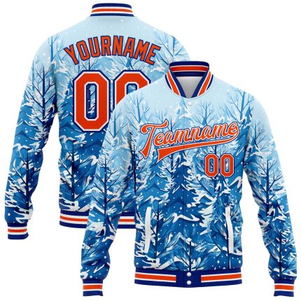Personalized Snowy Trees Winter Landscape Bomber Jacket, Royal Orange-White 3D Pattern Full-Snap Varsity Letterman Jacket