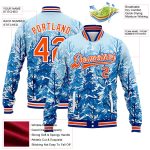 Personalized Snowy Trees Winter Landscape Bomber Jacket, Royal Orange-White 3D Pattern Full-Snap Varsity Letterman Jacket